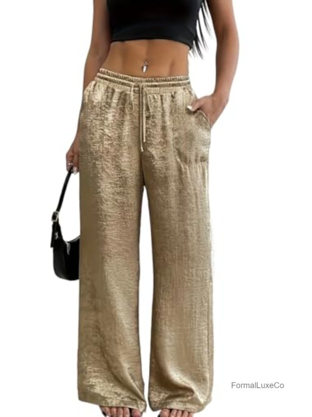 Wide Leg Satin Palazzo Pants Drawstring Pleated Elastic Waist Party Trousers